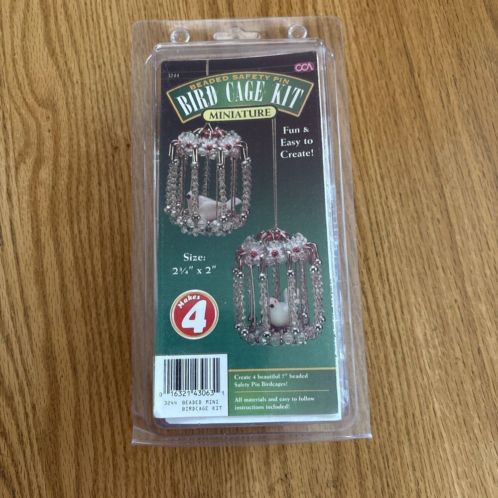 NOS Vintage Beaded Safety Pin Miniature Bird Cage Kit Makes 4